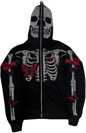 NUFIWI Vintage Zip Up Hoodies for Women Rhinestone Graphic Oversized Sweatshirts Aesthetic Pullover Jackets Gothic Streetwear