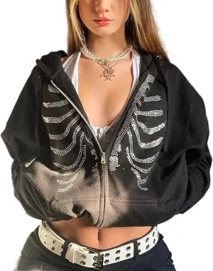 NUFIWI Vintage Zip Up Hoodies for Women Rhinestone Graphic Oversized Sweatshirts Aesthetic Pullover Jackets Gothic Streetwear