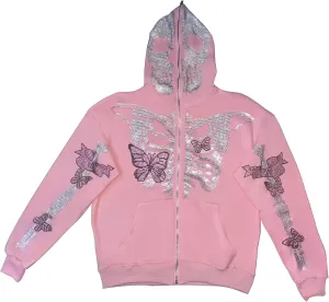 NUFIWI Vintage Zip Up Hoodies for Women Rhinestone Graphic Oversized Sweatshirts Aesthetic Pullover Jackets Gothic Streetwear