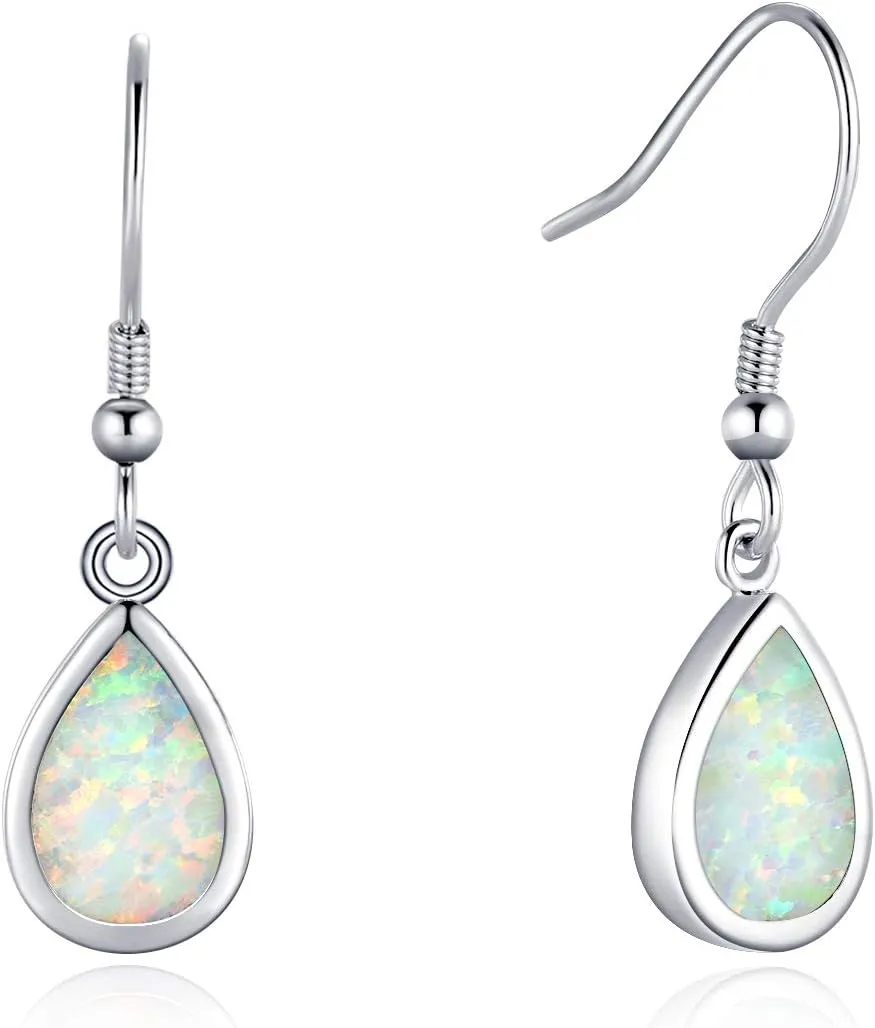October Birthstone Earrings FANCIME Sterling Silver Opal Dangle Earrings White/Blue Teardrop Hook Drop Earrings October Birthstone Fine Jewelry for Women