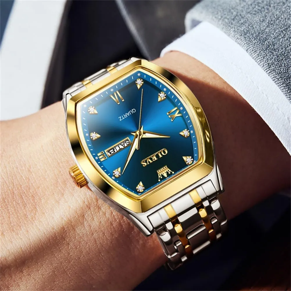 OLEVS Men Watches Square Business Dress Diamond Analog Quartz Date Luxury Watch for Men Casual Stainless Steel Waterproof Luminous Two Tone Wrist Watch