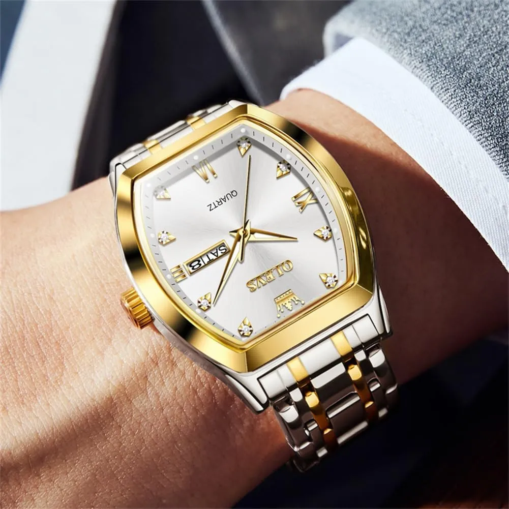 OLEVS Men Watches Square Business Dress Diamond Analog Quartz Date Luxury Watch for Men Casual Stainless Steel Waterproof Luminous Two Tone Wrist Watch