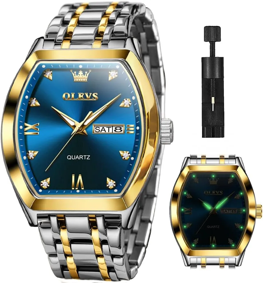 OLEVS Men Watches Square Business Dress Diamond Analog Quartz Date Luxury Watch for Men Casual Stainless Steel Waterproof Luminous Two Tone Wrist Watch