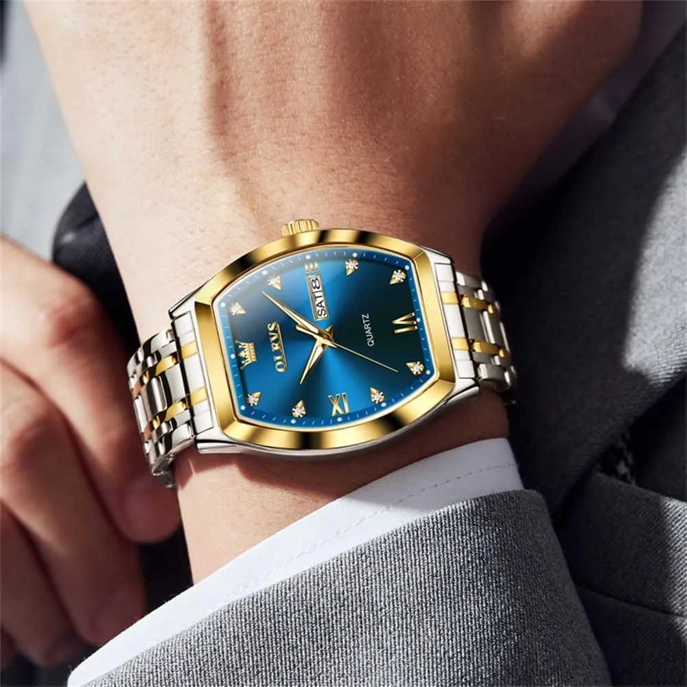 OLEVS Men Watches Square Business Dress Diamond Analog Quartz Date Luxury Watch for Men Casual Stainless Steel Waterproof Luminous Two Tone Wrist Watch