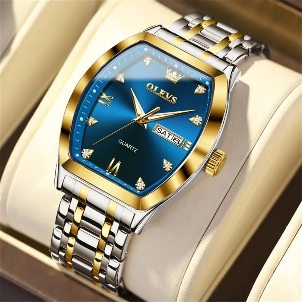 OLEVS Men Watches Square Business Dress Diamond Analog Quartz Date Luxury Watch for Men Casual Stainless Steel Waterproof Luminous Two Tone Wrist Watch