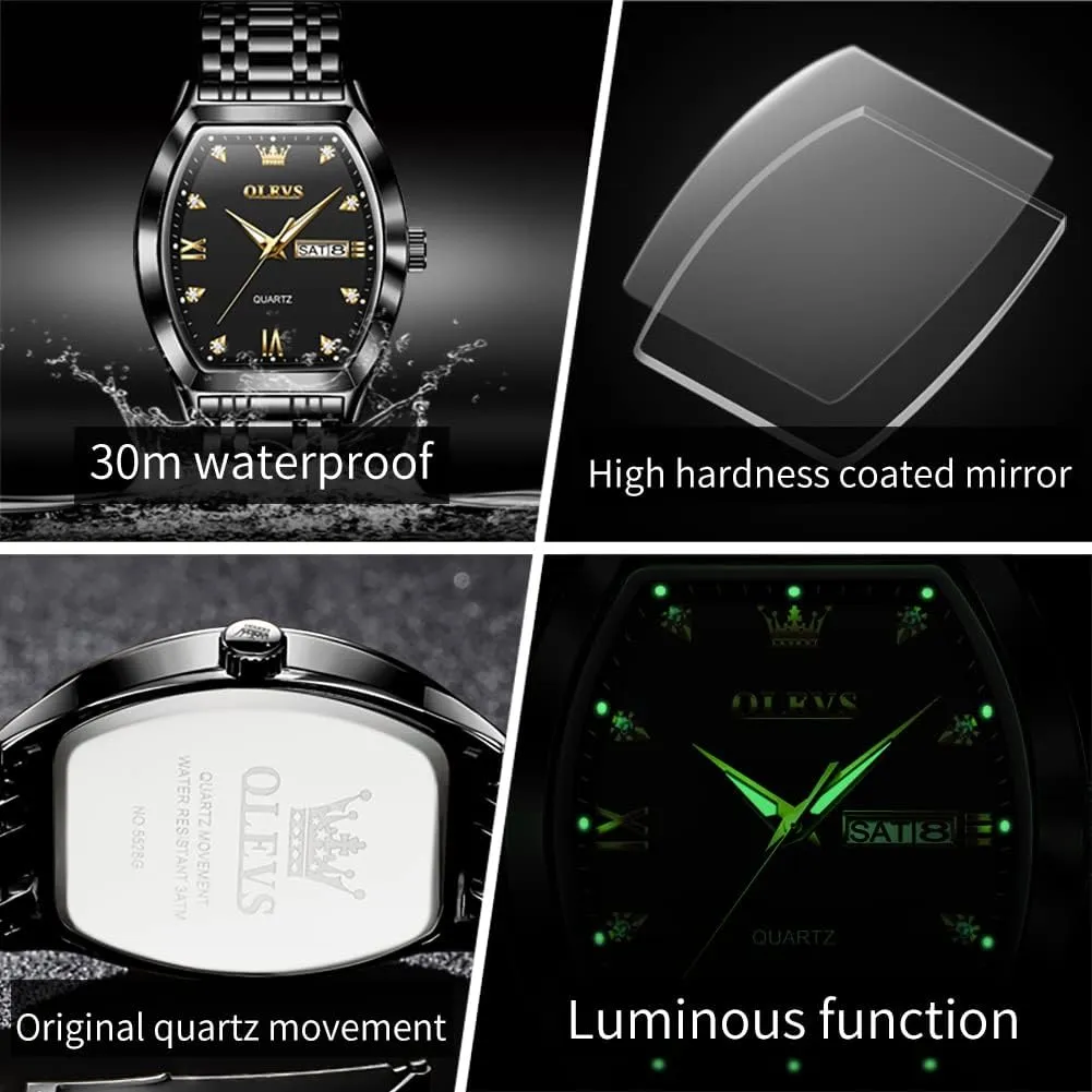 OLEVS Men Watches Square Business Dress Diamond Analog Quartz Date Luxury Watch for Men Casual Stainless Steel Waterproof Luminous Two Tone Wrist Watch