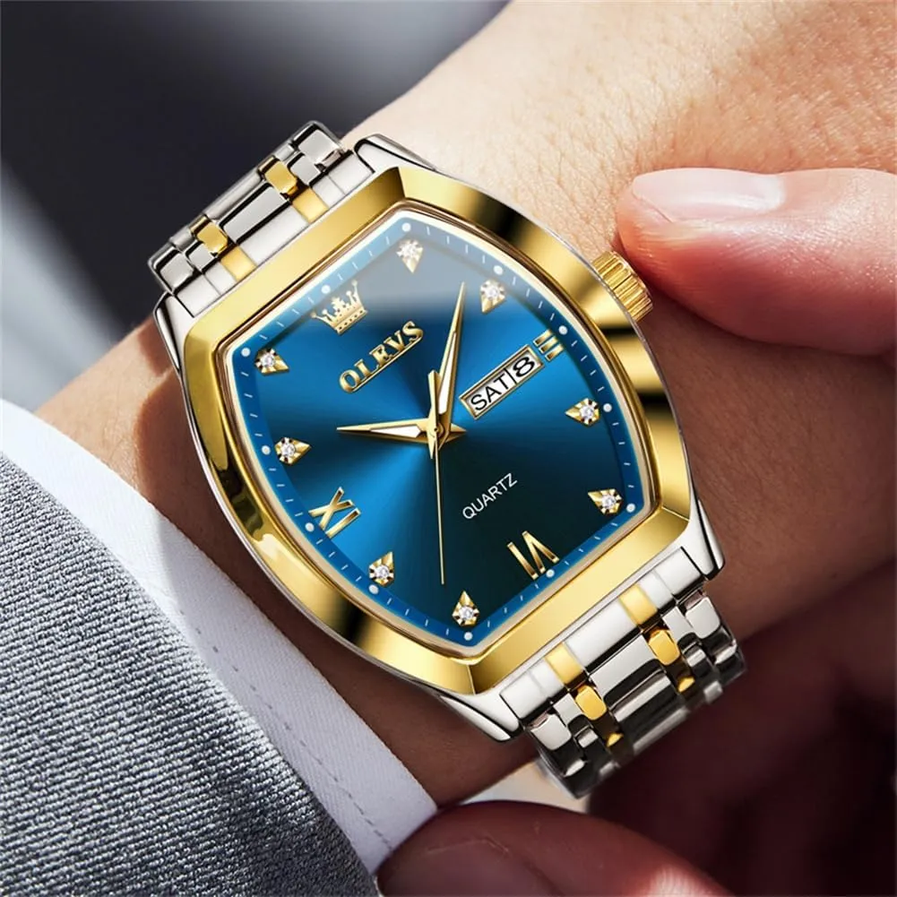 OLEVS Men Watches Square Business Dress Diamond Analog Quartz Date Luxury Watch for Men Casual Stainless Steel Waterproof Luminous Two Tone Wrist Watch