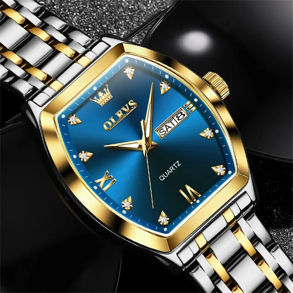 OLEVS Men Watches Square Business Dress Diamond Analog Quartz Date Luxury Watch for Men Casual Stainless Steel Waterproof Luminous Two Tone Wrist Watch