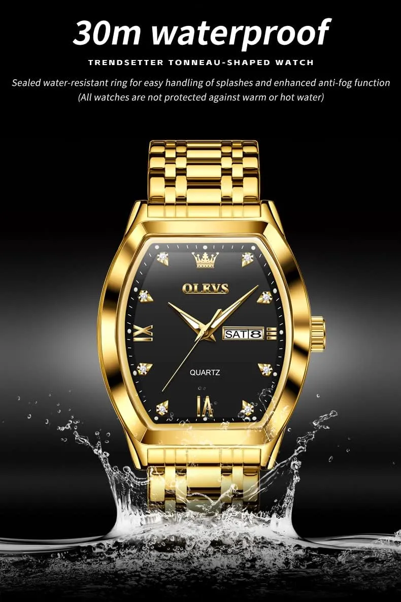 OLEVS Men Watches Square Business Dress Diamond Analog Quartz Date Luxury Watch for Men Casual Stainless Steel Waterproof Luminous Two Tone Wrist Watch