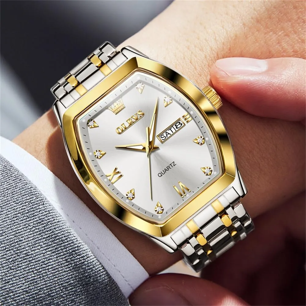 OLEVS Men Watches Square Business Dress Diamond Analog Quartz Date Luxury Watch for Men Casual Stainless Steel Waterproof Luminous Two Tone Wrist Watch