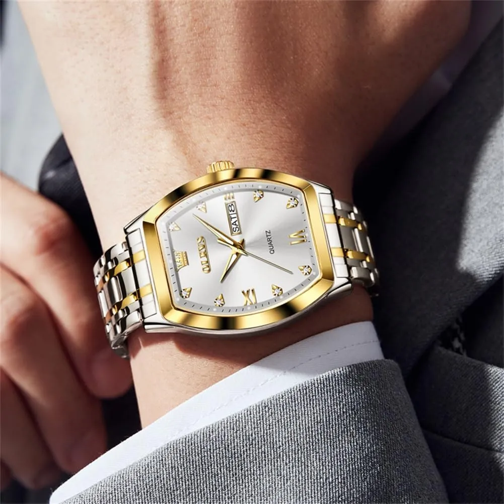 OLEVS Men Watches Square Business Dress Diamond Analog Quartz Date Luxury Watch for Men Casual Stainless Steel Waterproof Luminous Two Tone Wrist Watch