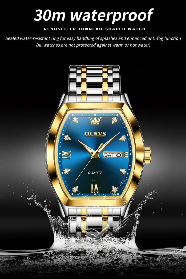 OLEVS Men Watches Square Business Dress Diamond Analog Quartz Date Luxury Watch for Men Casual Stainless Steel Waterproof Luminous Two Tone Wrist Watch
