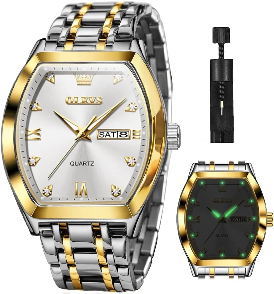 OLEVS Men Watches Square Business Dress Diamond Analog Quartz Date Luxury Watch for Men Casual Stainless Steel Waterproof Luminous Two Tone Wrist Watch