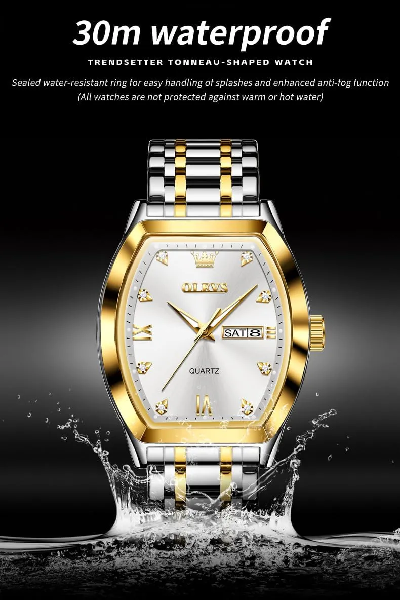 OLEVS Men Watches Square Business Dress Diamond Analog Quartz Date Luxury Watch for Men Casual Stainless Steel Waterproof Luminous Two Tone Wrist Watch