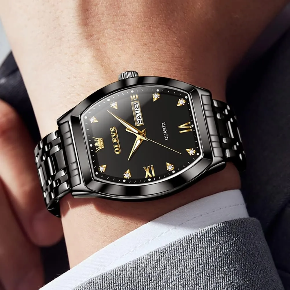 OLEVS Men Watches Square Business Dress Diamond Analog Quartz Date Luxury Watch for Men Casual Stainless Steel Waterproof Luminous Two Tone Wrist Watch