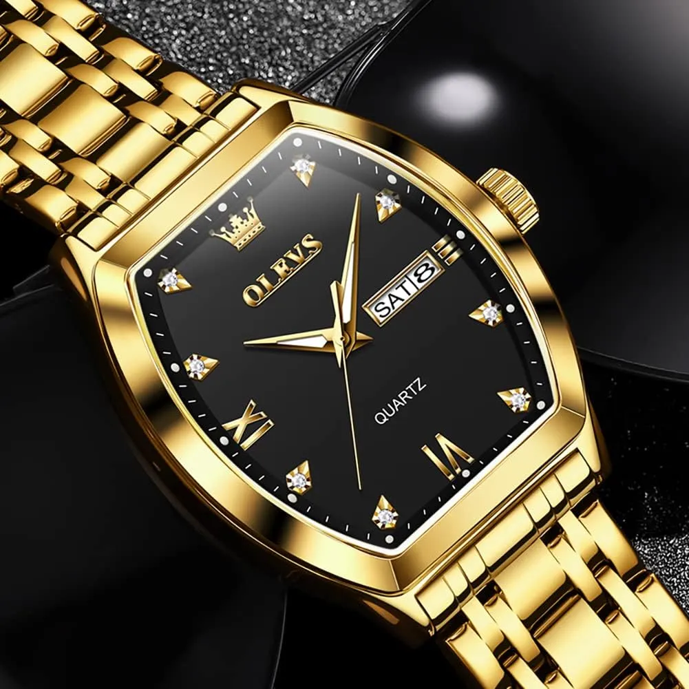 OLEVS Men Watches Square Business Dress Diamond Analog Quartz Date Luxury Watch for Men Casual Stainless Steel Waterproof Luminous Two Tone Wrist Watch