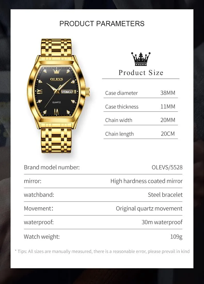 OLEVS Men Watches Square Business Dress Diamond Analog Quartz Date Luxury Watch for Men Casual Stainless Steel Waterproof Luminous Two Tone Wrist Watch