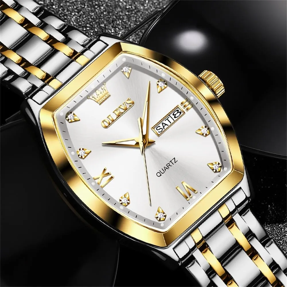 OLEVS Men Watches Square Business Dress Diamond Analog Quartz Date Luxury Watch for Men Casual Stainless Steel Waterproof Luminous Two Tone Wrist Watch