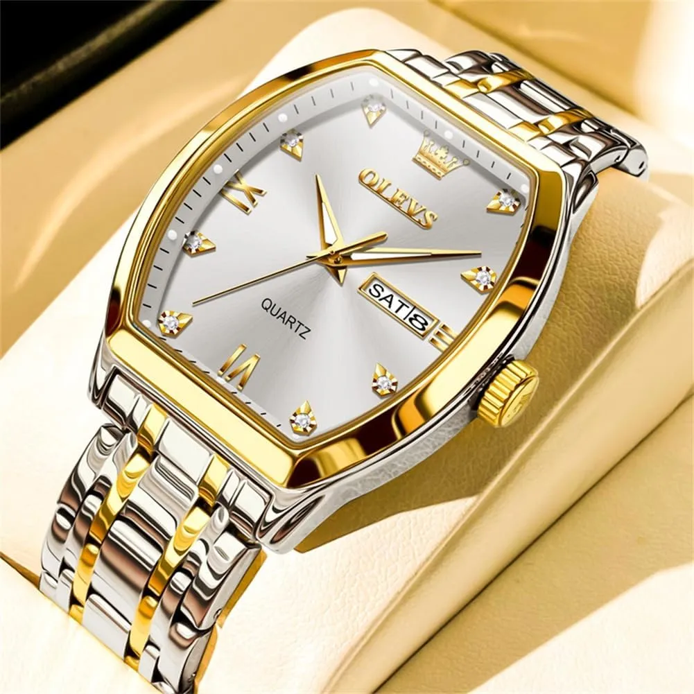 OLEVS Men Watches Square Business Dress Diamond Analog Quartz Date Luxury Watch for Men Casual Stainless Steel Waterproof Luminous Two Tone Wrist Watch