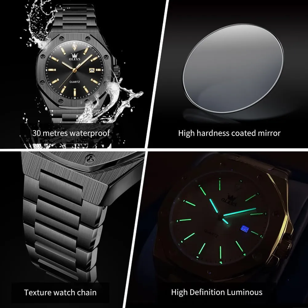 OLEVS Mens Watches Octagonal Luxury Stainless Steel Dress Watches for Men Quartz Analog Large Face Luminous Relojes para Hombres