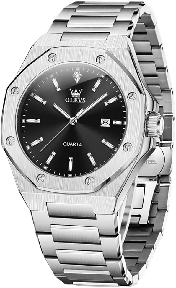 OLEVS Mens Watches Octagonal Luxury Stainless Steel Dress Watches for Men Quartz Analog Large Face Luminous Relojes para Hombres