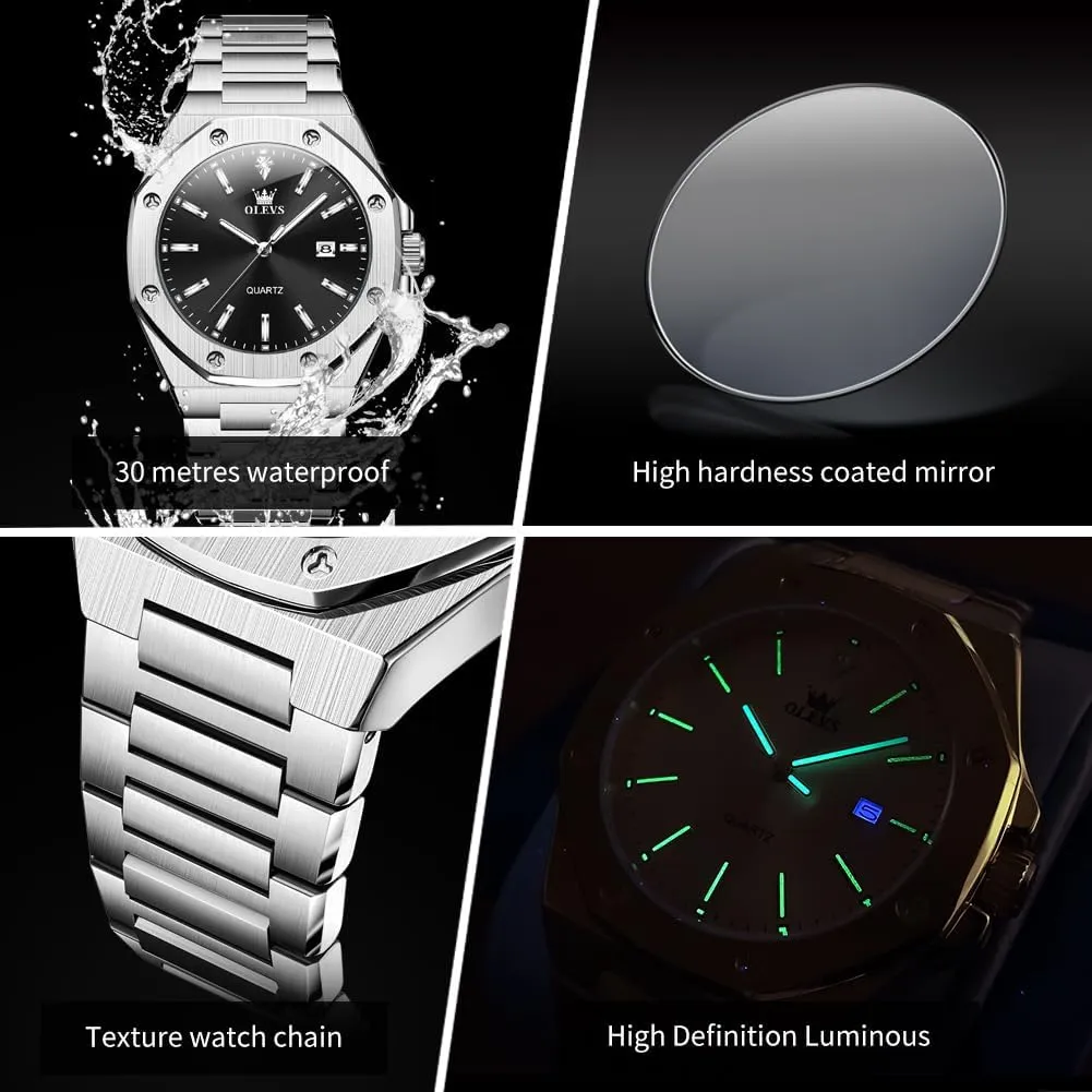 OLEVS Mens Watches Octagonal Luxury Stainless Steel Dress Watches for Men Quartz Analog Large Face Luminous Relojes para Hombres