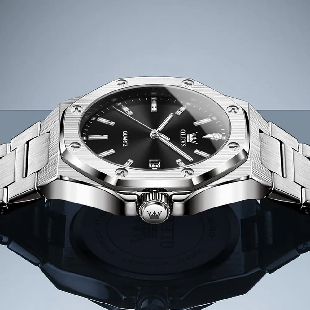 OLEVS Mens Watches Octagonal Luxury Stainless Steel Dress Watches for Men Quartz Analog Large Face Luminous Relojes para Hombres
