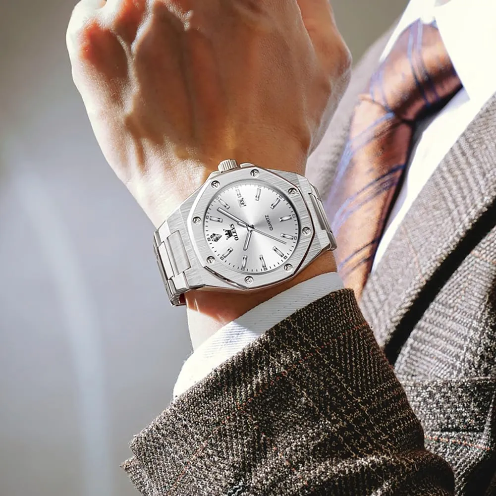 OLEVS Mens Watches Octagonal Luxury Stainless Steel Dress Watches for Men Quartz Analog Large Face Luminous Relojes para Hombres
