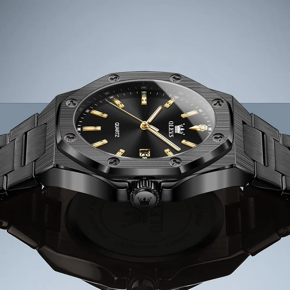 OLEVS Mens Watches Octagonal Luxury Stainless Steel Dress Watches for Men Quartz Analog Large Face Luminous Relojes para Hombres