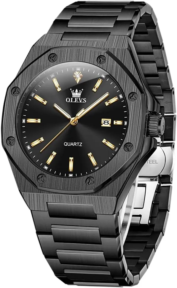 OLEVS Mens Watches Octagonal Luxury Stainless Steel Dress Watches for Men Quartz Analog Large Face Luminous Relojes para Hombres
