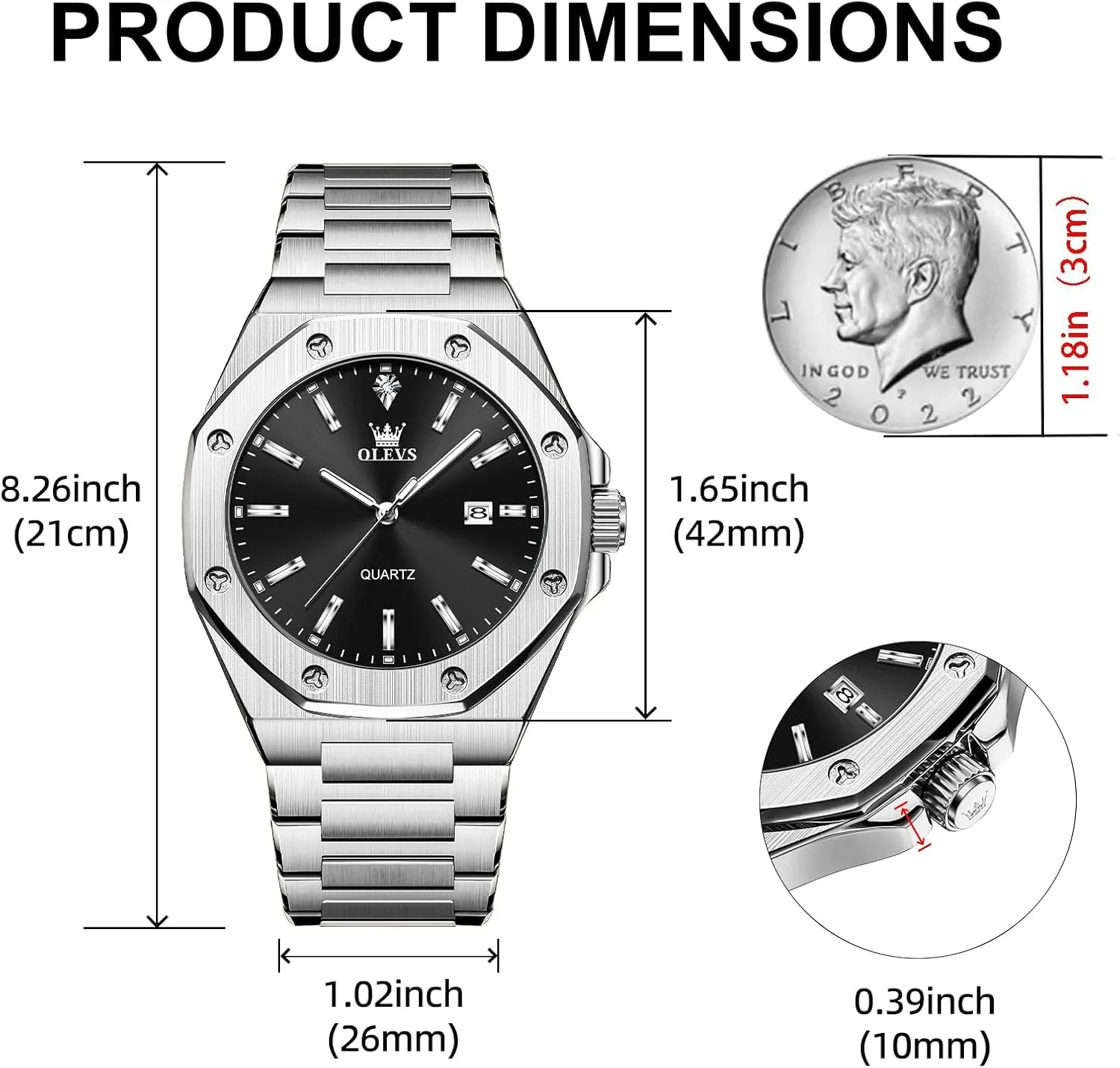 OLEVS Mens Watches Octagonal Luxury Stainless Steel Dress Watches for Men Quartz Analog Large Face Luminous Relojes para Hombres