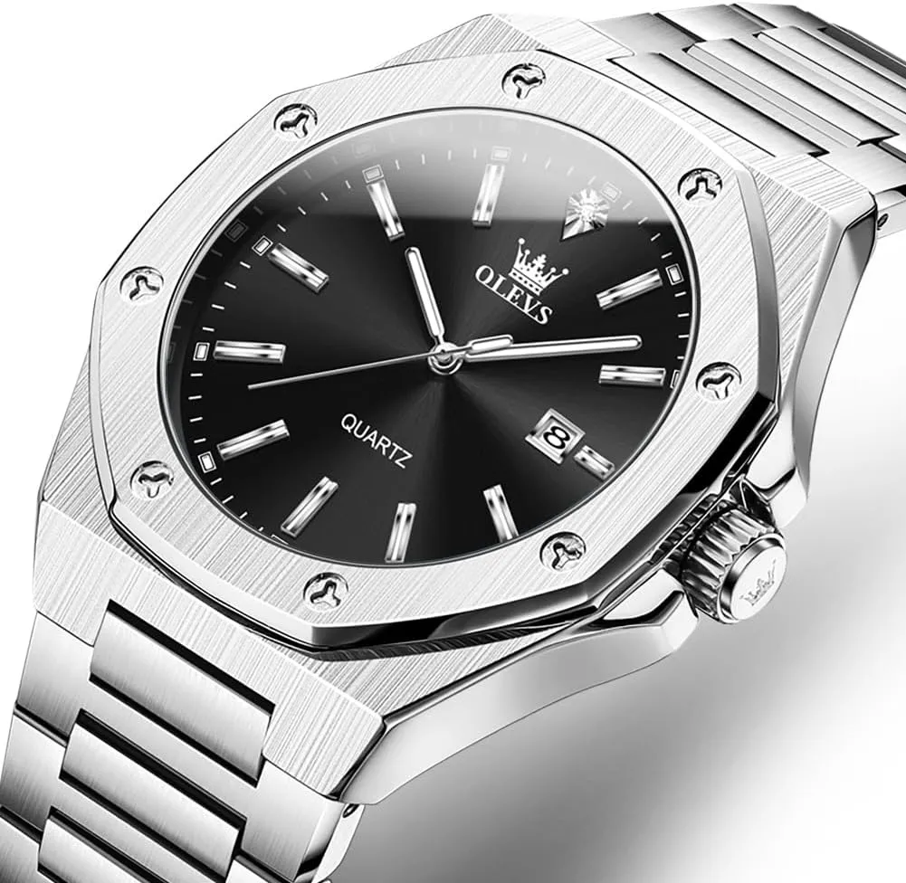 OLEVS Mens Watches Octagonal Luxury Stainless Steel Dress Watches for Men Quartz Analog Large Face Luminous Relojes para Hombres