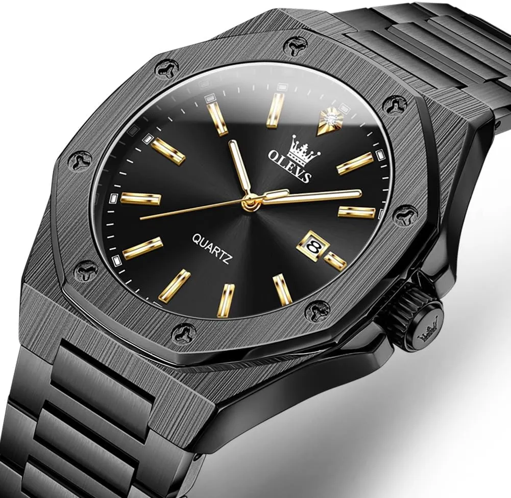 OLEVS Mens Watches Octagonal Luxury Stainless Steel Dress Watches for Men Quartz Analog Large Face Luminous Relojes para Hombres