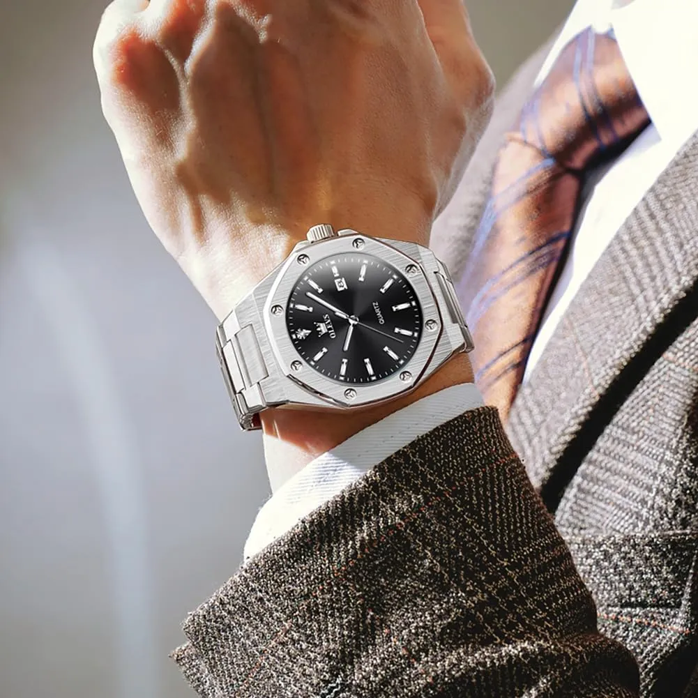 OLEVS Mens Watches Octagonal Luxury Stainless Steel Dress Watches for Men Quartz Analog Large Face Luminous Relojes para Hombres