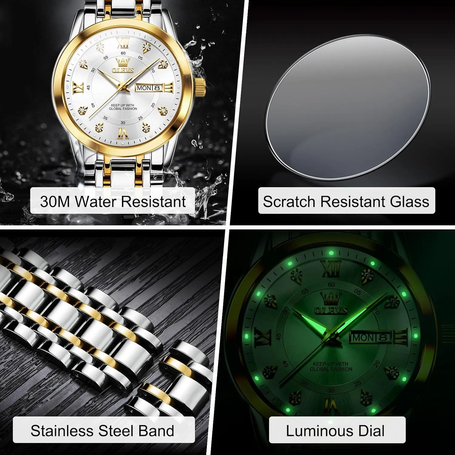OLEVS Stainless Steel Classic Watches, Large Face Quartz Dress Watches for Men, Easy to Read Men's Waterproof Watch with Day and Date, Blue/Black/Silver/Gold/Grey Dial