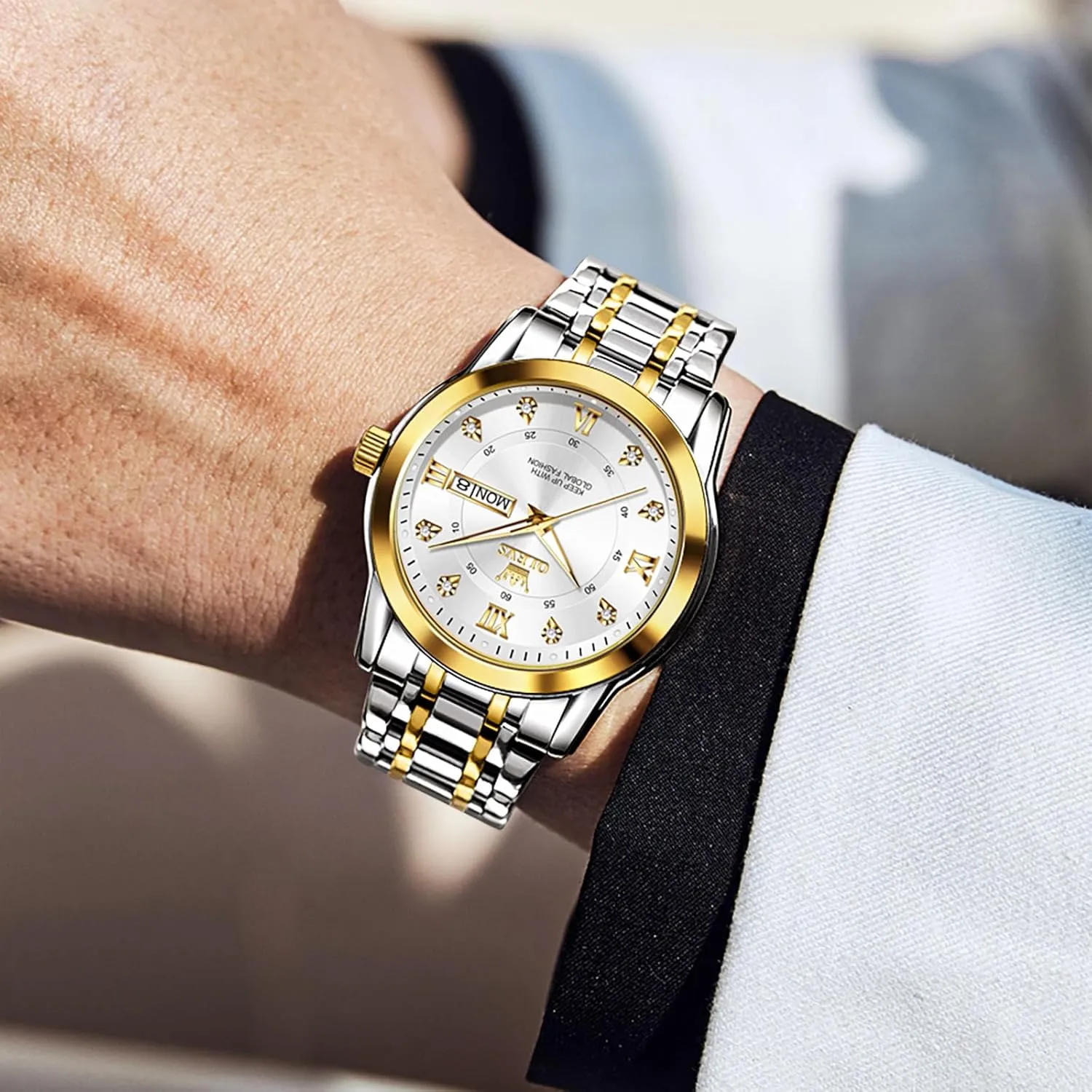 OLEVS Stainless Steel Classic Watches, Large Face Quartz Dress Watches for Men, Easy to Read Men's Waterproof Watch with Day and Date, Blue/Black/Silver/Gold/Grey Dial