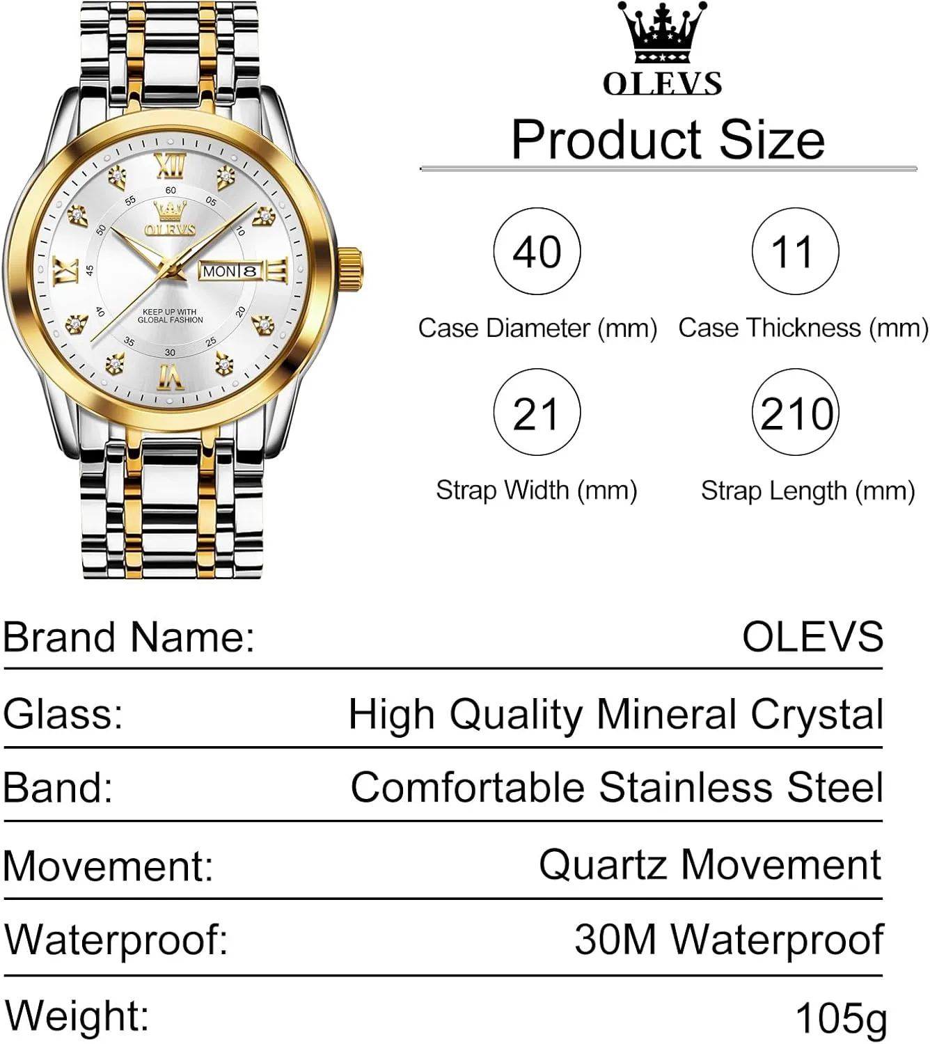 OLEVS Stainless Steel Classic Watches, Large Face Quartz Dress Watches for Men, Easy to Read Men's Waterproof Watch with Day and Date, Blue/Black/Silver/Gold/Grey Dial