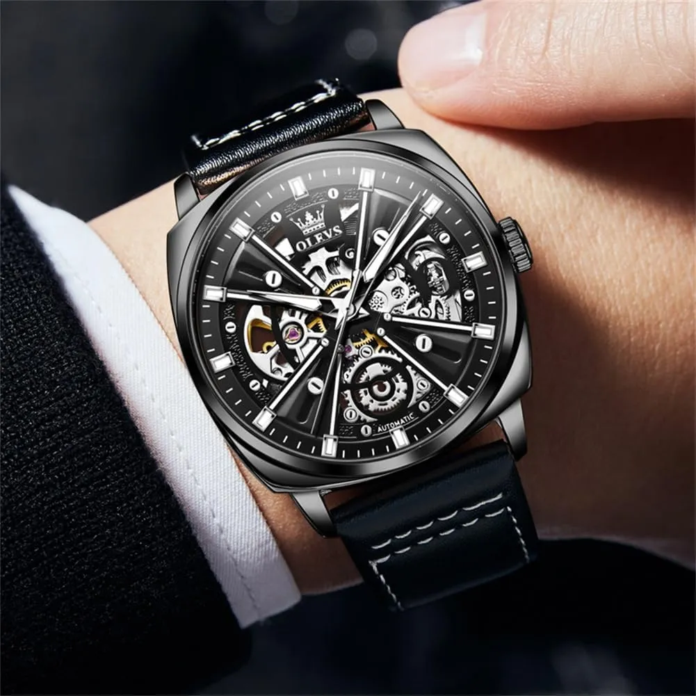 OLEVS Watch for Men Automatic Skeleton Mechanics Self Winding Luxury Stylish Leather Strap