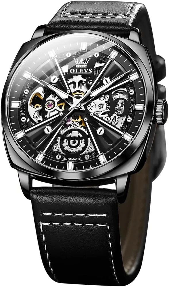 OLEVS Watch for Men Automatic Skeleton Mechanics Self Winding Luxury Stylish Leather Strap