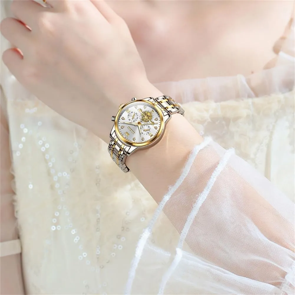 OLEVS Women Watch Multifunctional Two Tone Watch Fashion Business Analog Quartz Ladies Watch Stainless Steel Waterproof Diamond Watch for Women