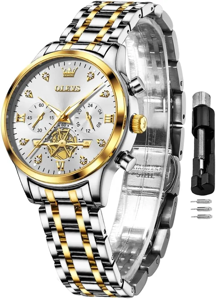 OLEVS Women Watch Multifunctional Two Tone Watch Fashion Business Analog Quartz Ladies Watch Stainless Steel Waterproof Diamond Watch for Women
