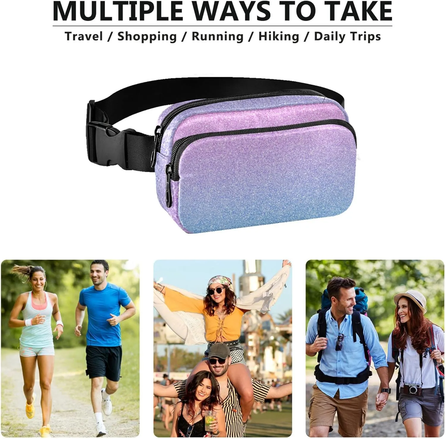 Ombre Glitter Colorful Gradients Fanny Packs for Women Waterproof Hip Pack Belt Pouch Cute Waist Pack for Women