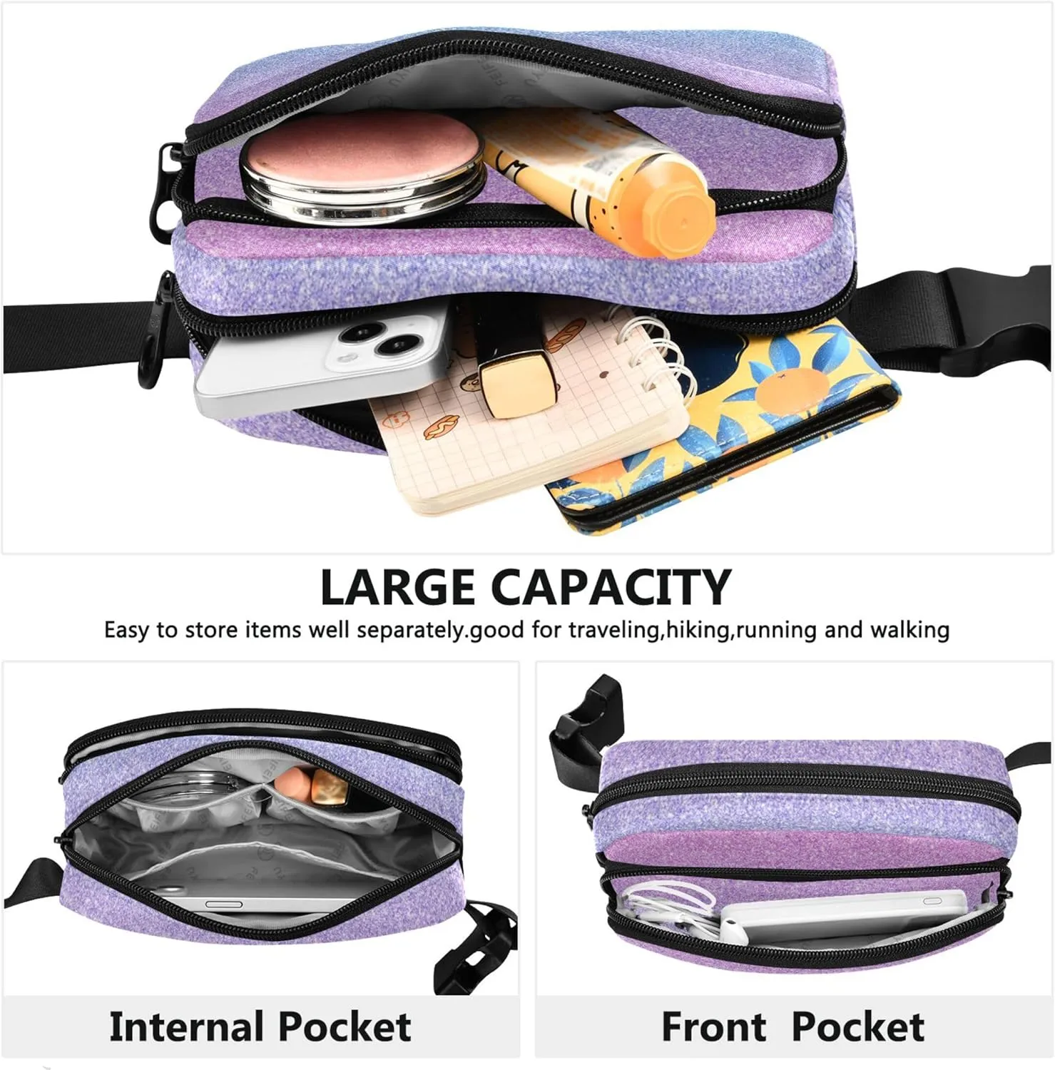 Ombre Glitter Colorful Gradients Fanny Packs for Women Waterproof Hip Pack Belt Pouch Cute Waist Pack for Women