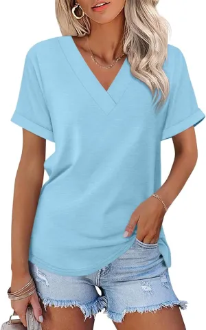 ORANDESIGNE Women's Short Sleeve V Neck Tops Casual Summer T Shirts Ladies Basic Tees