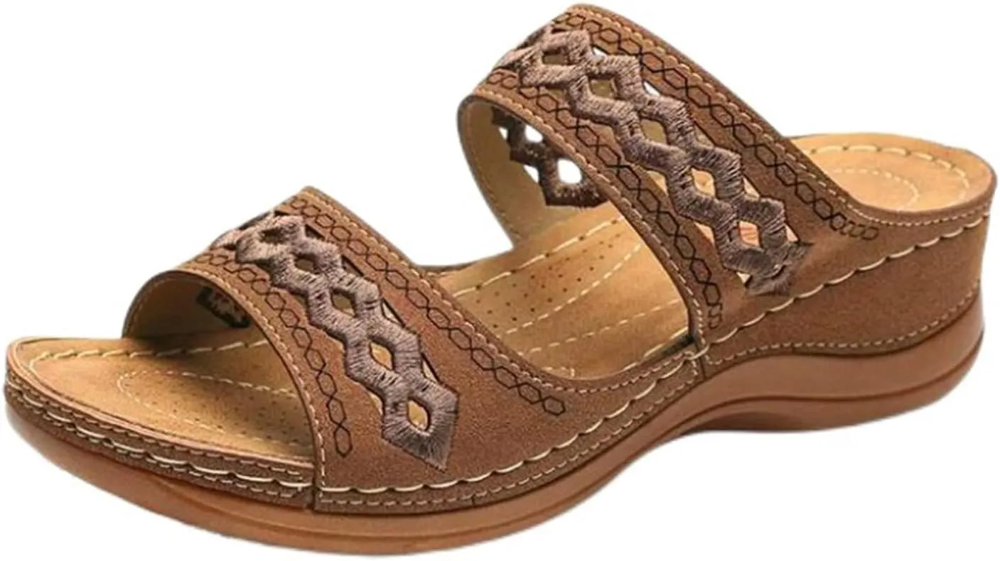 Orthopedic Sandals for Women Wide Width Arch Support Low Wedges Comfortable Walking Sandals Mesh Up Open Toe Slip On Slippers Beach Vacation Casual Footwear Ladies Slide Sandal 2025 Dress Shoes