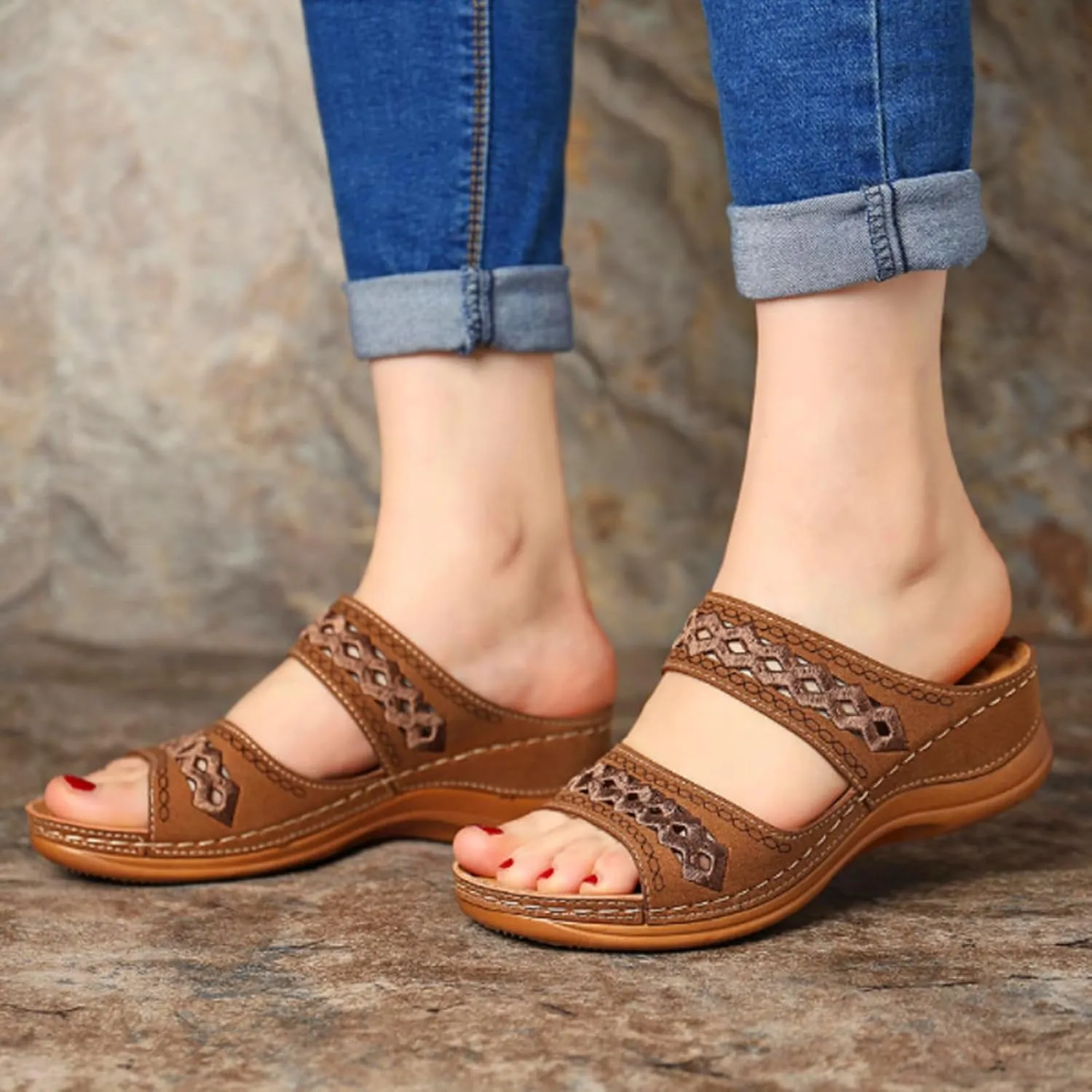 Orthopedic Sandals for Women Wide Width Arch Support Low Wedges Comfortable Walking Sandals Mesh Up Open Toe Slip On Slippers Beach Vacation Casual Footwear Ladies Slide Sandal 2025 Dress Shoes