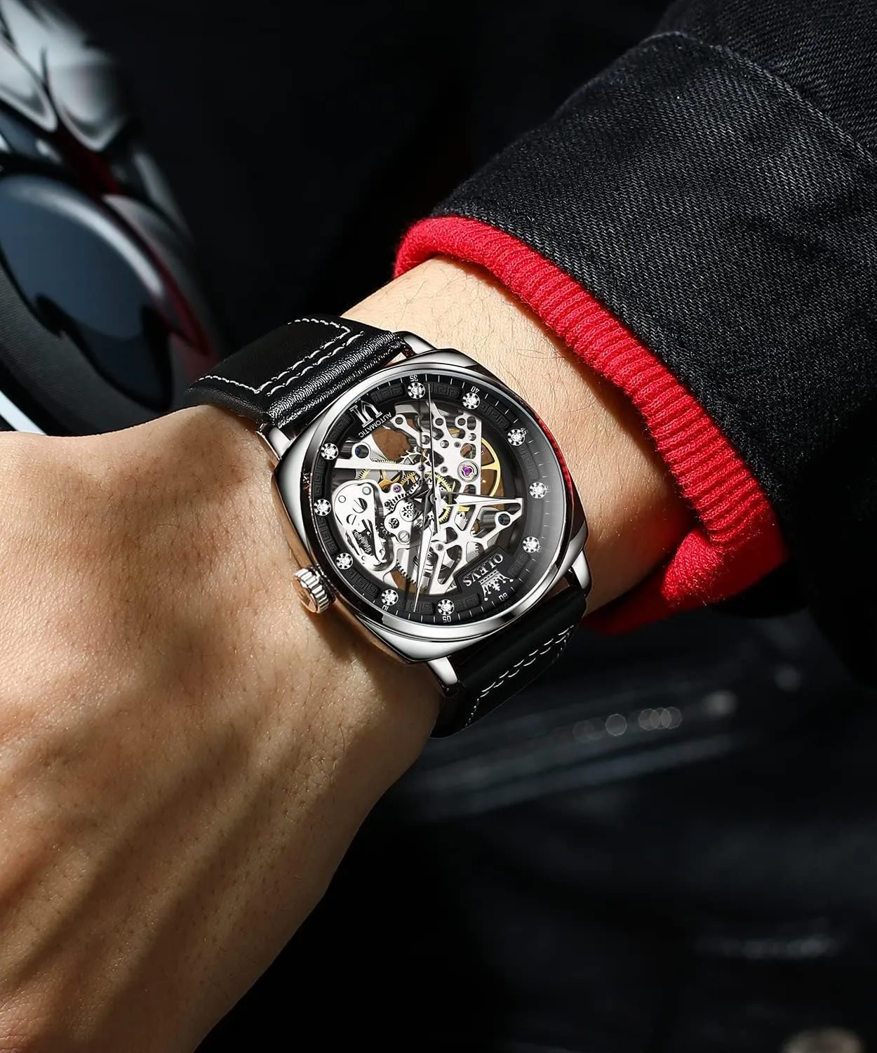 OUPINKE Automatic Skeleton Watches for Men Mechanics Self Winding Luxury Stylish Leather Strap Steampunk Style Luminous Waterproof Men Wrist Watches