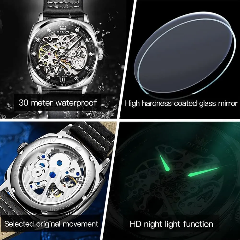 OUPINKE Automatic Skeleton Watches for Men Mechanics Self Winding Luxury Stylish Leather Strap Steampunk Style Luminous Waterproof Men Wrist Watches