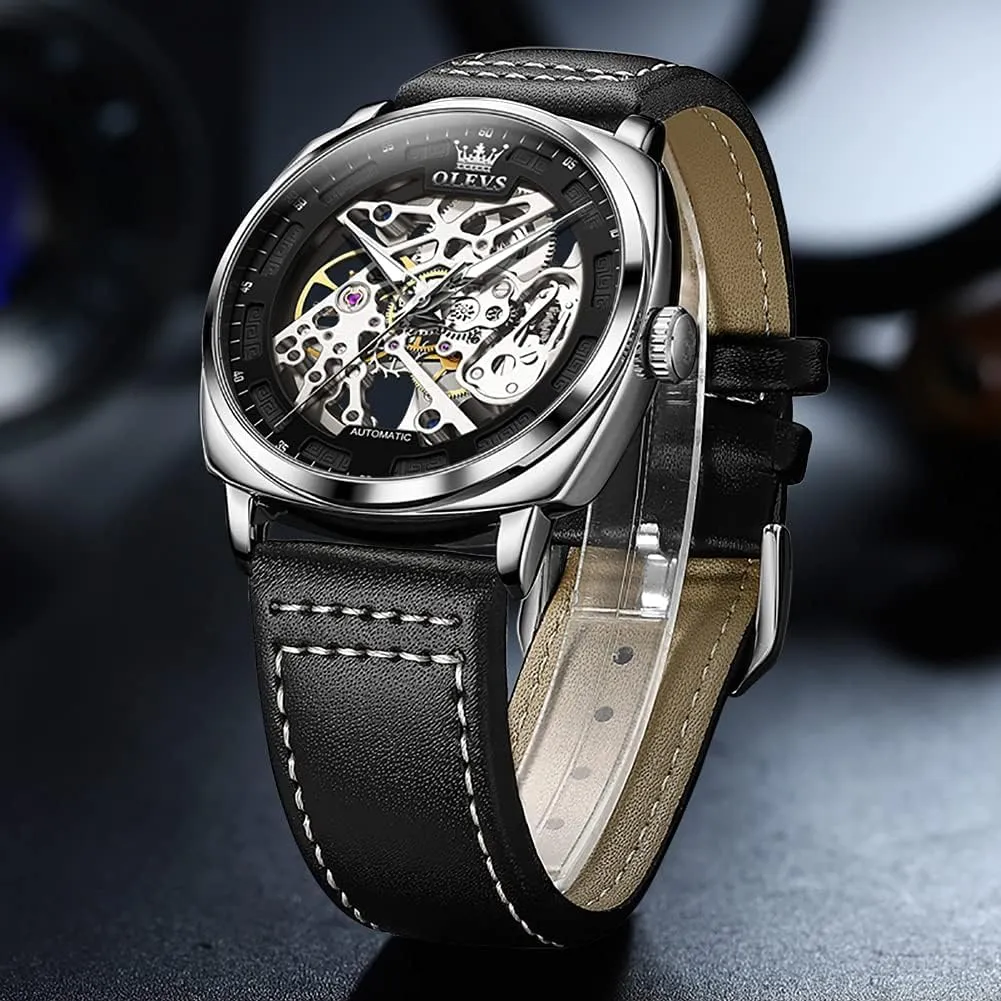 OUPINKE Automatic Skeleton Watches for Men Mechanics Self Winding Luxury Stylish Leather Strap Steampunk Style Luminous Waterproof Men Wrist Watches