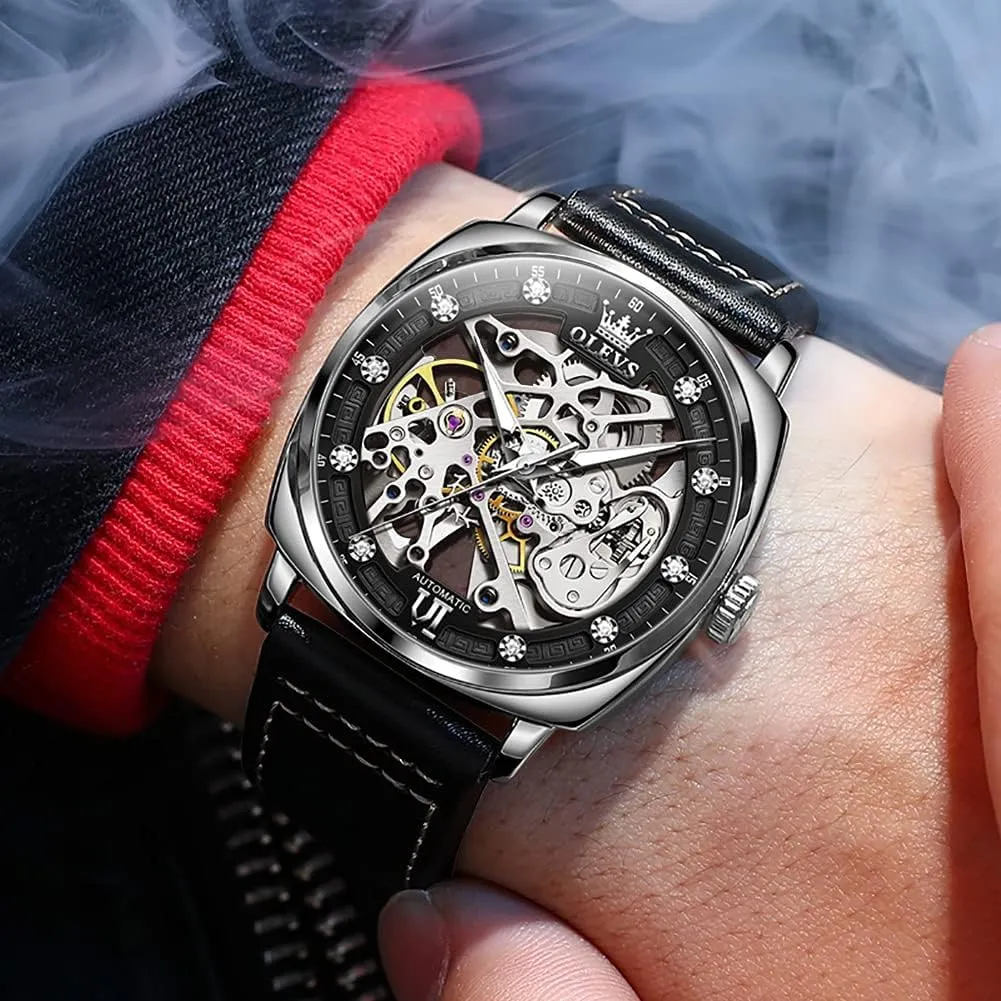 OUPINKE Automatic Skeleton Watches for Men Mechanics Self Winding Luxury Stylish Leather Strap Steampunk Style Luminous Waterproof Men Wrist Watches